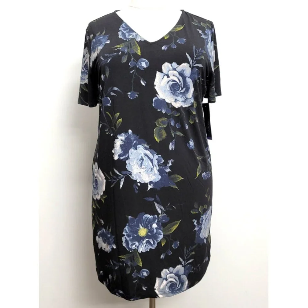 NWT Christian Siriano Black Floral Short Sleeve V-Neck Dress XXL